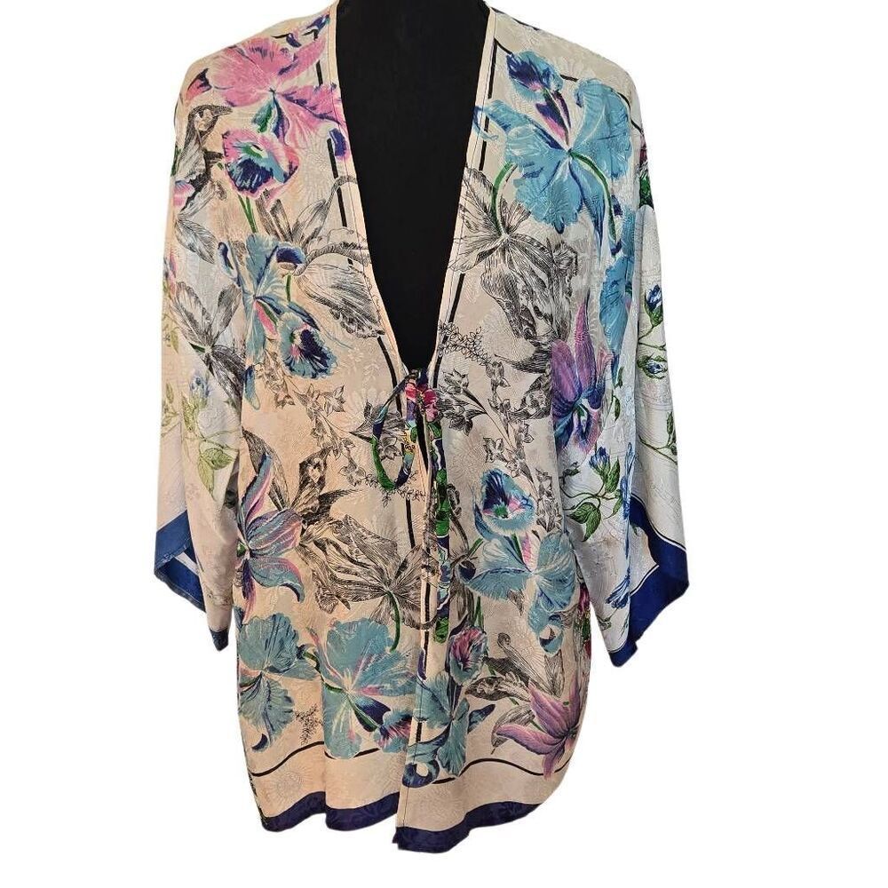 Vintage Janine's Fashions of London Womens Floral Short Kimono White Blue Small